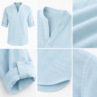 Kemeja Henley Linen Pria Custom OEM, Kaos Linen Katun Lengan Panjang dengan Logo Bordir, Pakaian Kasual Warna Solid Grosir