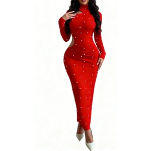 เดรสแม็กซี่ประดับมุกสำหรับผู้หญิงชุดเดรสยาวแขนยาวทรงบอดี้คอนสำหรับงานปาร์ตี้แฟชั่น - Product Image 1