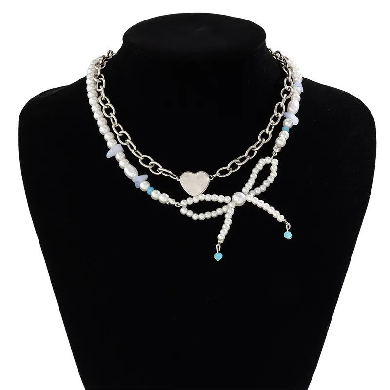 Luxury Imitation Pearl Beaded Double Layer Jewelry Women Simple Sweet Cool Style Bow Ribbon Heart Pendant Necklaces