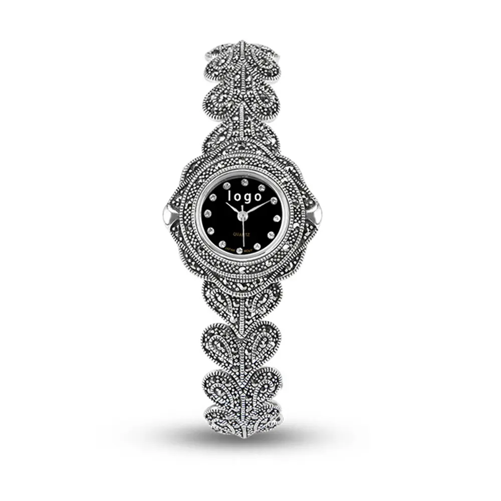 High Quality Women Watch Flower Style Pave Marcasite Sterling Silver Wrist Watches