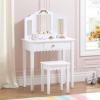 Ensemble de coiffeuse en bois pour enfants avec nœud doré, table de maquillage princesse avec miroir et tiroir pour petites filles de 3 ans et plus