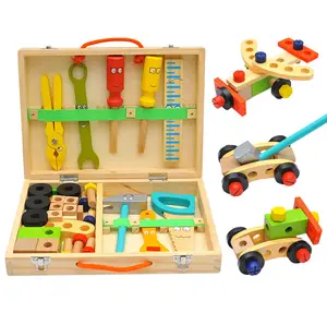 Wooden Toys Educational Tool Toys Kids Portable Toolbox DIY Cartoon Multi-function Kid Toys Children Boy Girls