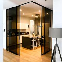 Porte coulissante de cuisine à cadre fin en aluminium et verre, cloison de séparation, porte battante en verre dépoli pour maison