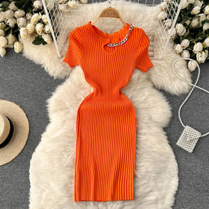 A406076女式性感针织罗纹紧身长裙圆领无袖修身长裙 - Product Image 1