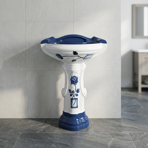 Modern Round Ceramic Wash Basin With <b>Full</b> Pedestal Faucet Compatible Water Resistant Bathroom Sink - Product Image 2