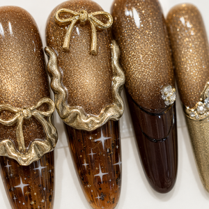 Faux ongles longs en PMMA faits à la main, certifiés CE, 10 pièces, design de luxe dégradé avec nœuds, volants et étoiles, couverture complète, forme cercueil - Product Image 2