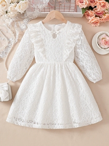 Vestito <span class=keywords><strong>da</strong></span> <span class=keywords><strong>Cerimonia</strong></span> per Neonata con Grande Colletto, Abito Principessa Casual in Pizzo a Maniche Lunghe con Fodera in Cotone per Bambine - Product Image 2