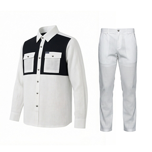 Camicia di Alta Qualità, Camicia a Maniche Lunghe Traspirante in Lino-Cotone per <span class=keywords><strong>Uomo</strong></span>, Set di Camicie Casual Bicolore Kaki e Bianco - Product Image 1