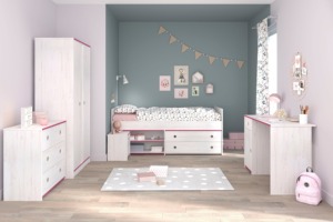 Ensemble de meubles de chambre d'enfant OEM pour filles, lit en bois avec tiroirs de rangement, armoire, table de chevet et <span class=keywords><strong>commode</strong></span> - Product Image 2
