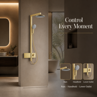 Système de douche de luxe en or brossé avec touches de piano, ensemble de douche de salle de bain moderne à effet pluie avec douchette murale et mitigeur