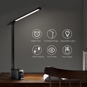 Lampe de bureau LED avec port de charge USB et horloge, pliable, petite, noire, à intensité réglable, pour la lecture - Product Image 2