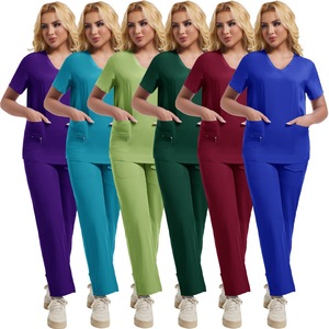 Women Scrub Set Short Sleeve V-Neck Split Uniform Moisture Wicking Hospital Workwear For Nurses Pet Grooming Dentist Operating - Product Image 5