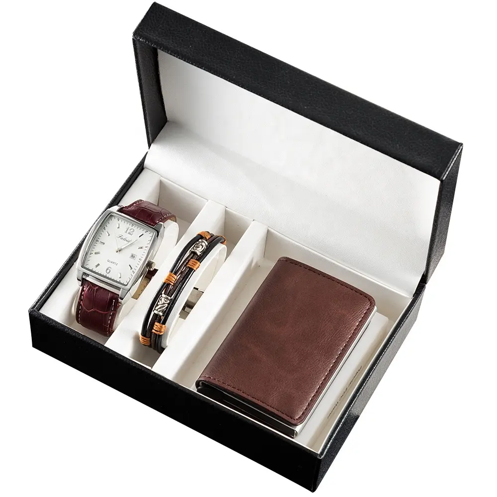 Caja de regalo de moda promocional para hombres, 3 uds., reloj de cuarzo, pulsera de cuero de vaca, estuche para tarjetas, juego de regalo de San Valentín para hombres