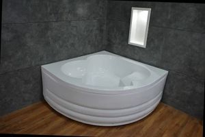 Baignoire contemporaine blanche à coins arrondis avec siège ergonomique et panneau frontal décoratif - Product Image 4