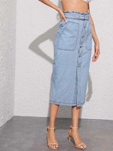 Ingrosso su misura Modulare con spacco e spacco con cintura a vita alta aderente lungo donna donna donna donna blu jeans jeans <span class=keywords><strong>Midi</strong></span> gonne - Product Image 2