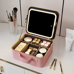 Wholesale Cosmetic Travel Touch Vanity Portable Storage Case Pu Leather Box Makeup Bag With Led Mirror