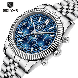 Benyar Men's Chronograph Quartz Watch Stainless Steel Band Blue Dial 100m Waterproof Calendar Feature S001 - Product Image 1