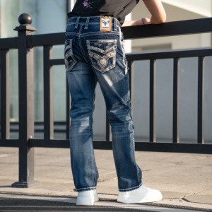 IN STOCK fashion Men’s Heavy Stitch <b>jeans</b> <b>Embroidered</b> Mid Waist Crumple effect Straight Leg <b>jeans</b> for men - Product Image 6
