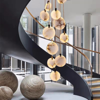 Lustre en albâtre espagnol naturel, luminaire suspendu moderne pour escalier, idéal pour hall d'entrée à 2 étages, éclairage pour entrée à plafond haut