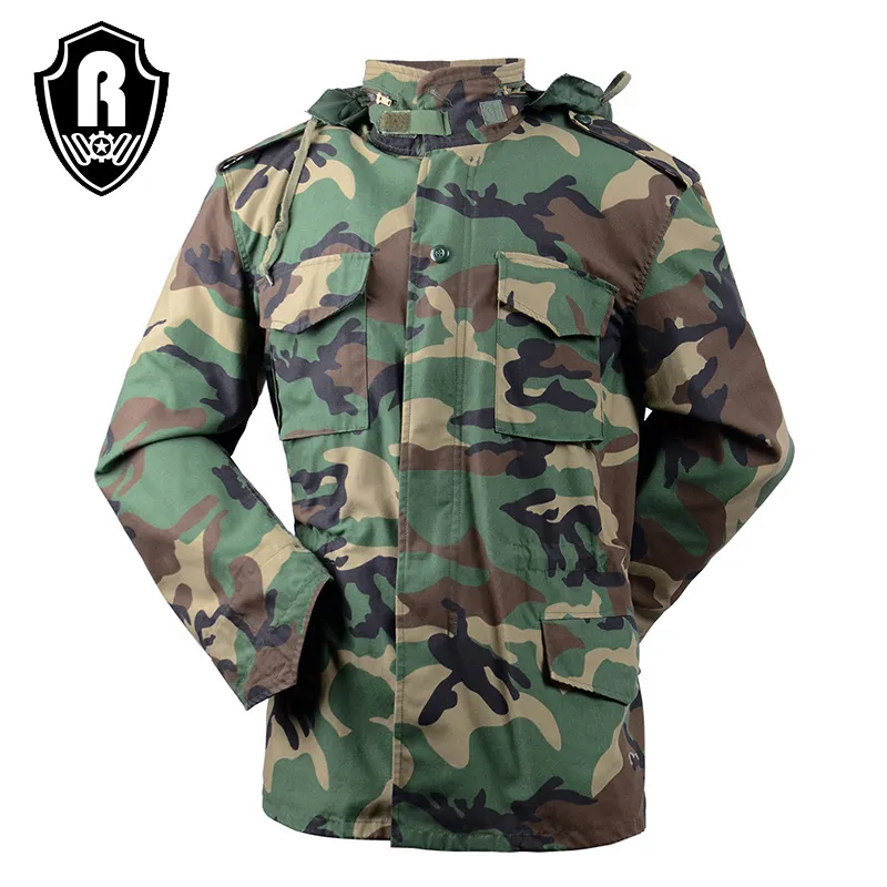 Jaket Taktis Hutan Kamuflase M65, Jaket Anti Air Seragam Taktis untuk Pria dengan Tudung Gaya Parka