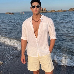 Camisa de Lino y Algodón de Verano para Hombre, de Alta Calidad, Personalizada, con Cuello Mao, Holgada, Transpirable, de Manga Larga, con Bolsillo, Modelo TKAN8108 - Product Image 3