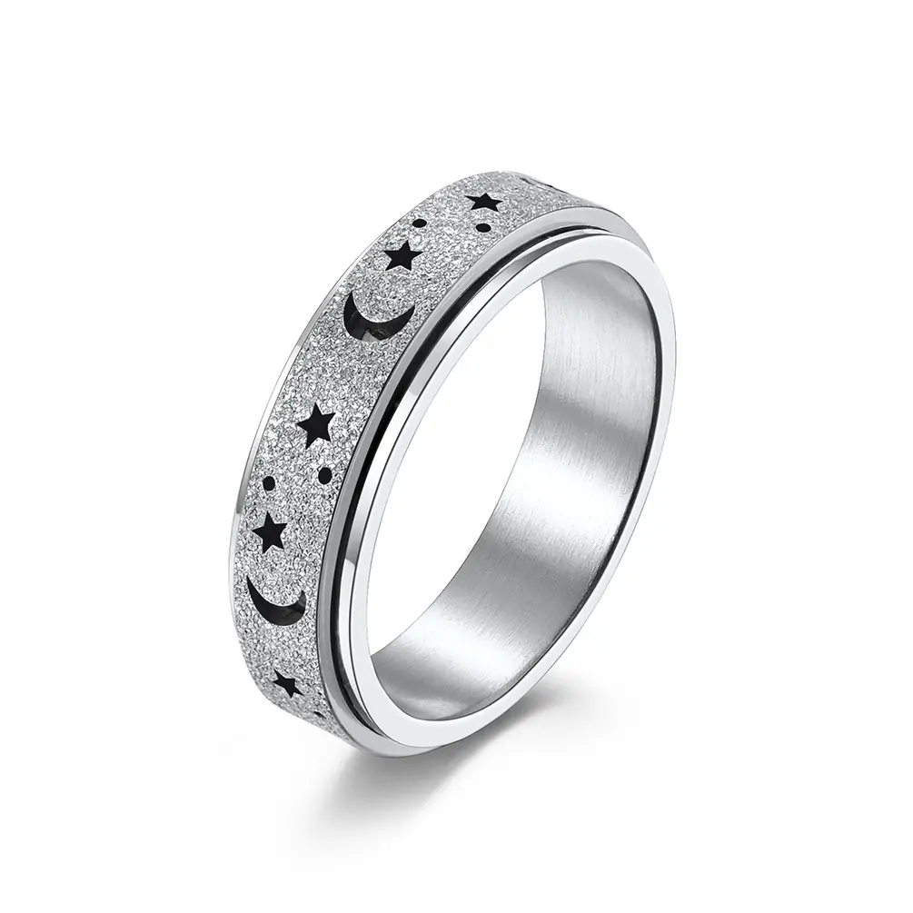 Stainless steel mens jewelry frosted hollow star moon rotating ring anxiety relieve titanium steel ring jewelry