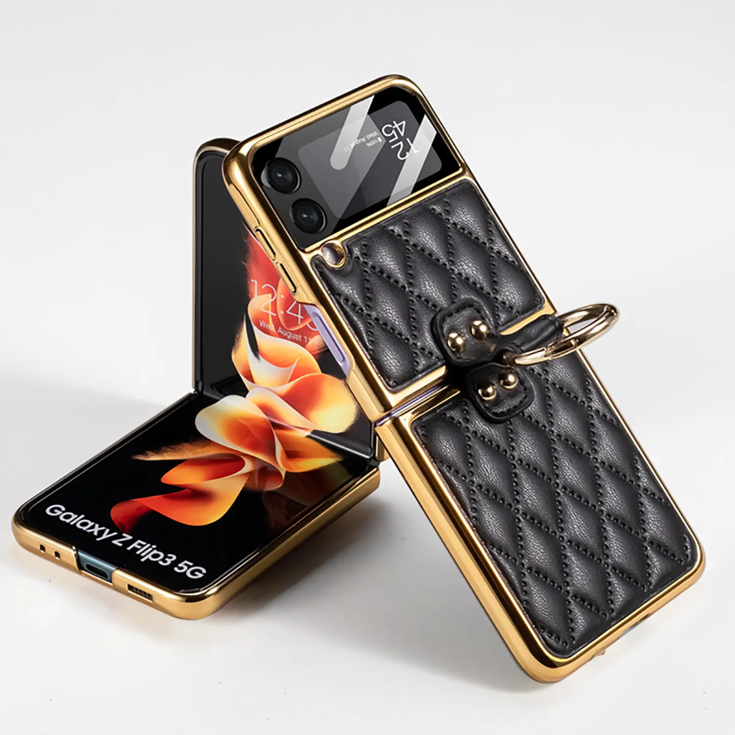 Custodia per telefono a quadri in pelle stile lusso con anello in metallo custodia per telefono con placca in PU per Samsung zflip4