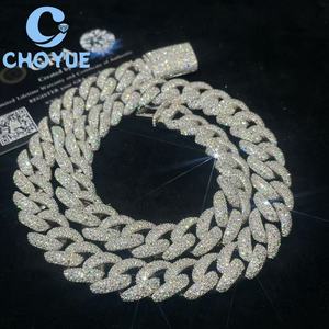 สร้อยคอแฟชั่นเงินแท้ 925 ประดับเพชรโมอิสซาไนต์ VVS ขนาด 14 มม. แบบ Cuban Link สำหรับผู้ชาย สไตล์ฮิปฮอป ประดับเพชรเต็มเส้น ผ่านการทดสอบเพชร GRA - Product Image 1