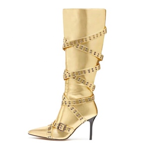 Trending Gold Side Zipper Women's Knee High Boots Pointed Toe Metal Studded Cross Straps Long Booties Stiletto Heel <b>Shoes</b> - Product Image 6
