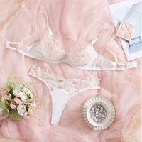 Ensemble de lingerie sexy pour femme, style frais, en maille brodée florale, soutien-gorge push-up à armatures et string, blanc, vente en gros, personnalisable OEM
