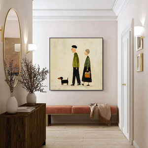 Charming Figurative Art <b>Print</b> of Elderly Couple Walking <b>with</b> Dog Canvas Wall Decor Contemporary Style <b>Framed</b> Indoor Art - Product Image 1