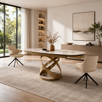 Table à manger extensible moderne de luxe avec plateau en pierre frittée ovale et base en acier doré, 6 à 8 places, pour villa, hôtel, projet commercial