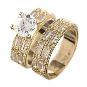 Juego de anillos de metal y latón 2 en 1 para mujer, conjunto de joyería de circonia cúbica, sortija de boda chapada en oro, último diseño