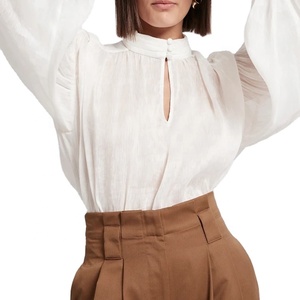 Elegante alta Cintura entallada cuello blusa de lino damas largo globo manga blusa suelta - Product Image 3