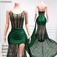 Ocstrade Robe de Soirée Femme Satin Paillettes Maille Sexy Vert Émeraude Élégante Longue Grandes Tailles Robes de Bal pour Femme Robe de Bal