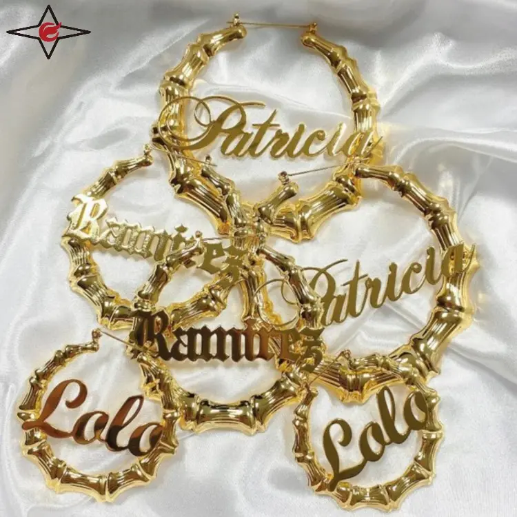 Custom Women Personalised Large 10k Gold Name Heart Hoop Earrings Stainless Steel Bamboo Earrings