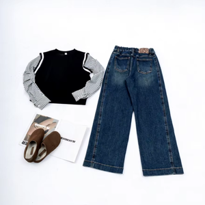 大码女式高腰直筒环保透气牛仔裤常规版型休闲弹力四季通用蓝色 - Product Image 2