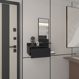 Mueble flotante para pasillo, 36.2 pulgadas de alto, 1 cajón, 3 estantes, 1 espejo, negro - Product Image 2