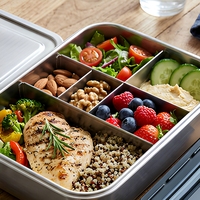Boîte à lunch bento personnalisée en acier inoxydable 304, 3 compartiments, anti-fuite, sans BPA, avec couvercle en plastique et couverts pour le bureau et l'école