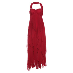 Robe longue en mousseline de soie à bretelles françaises, sexy, dos nu, irrégulière, à volants - Product Image 5