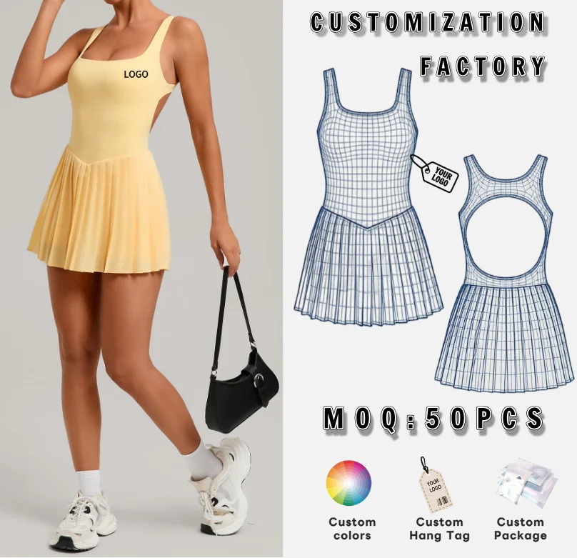 Custom Wholesale OEM Private Label Design Skirt Pocket Yoga Gym Fitness Set Tennis Dress Sleeveless Scoop Neck Pleated Tennis