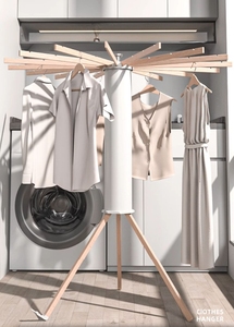 Séchoir à <span class=keywords><strong>linge</strong></span> en bois massif en forme de pieuvre, séchoir à <span class=keywords><strong>linge</strong></span> cylindrique à trépied avec 16 tiges extensibles, gain de place - Product Image 2