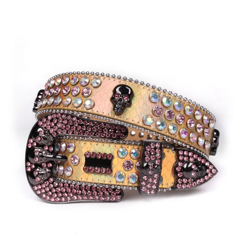 Women Younger Looking Gradient Gold Cowgirl Skull Belt Pink Crystal Rhinestone Belt For Female