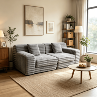 Canapé scolaire modulaire minimaliste en velours côtelé beige, en mousse haute densité, livré en boîte, sans assemblage requis, scellé sous vide