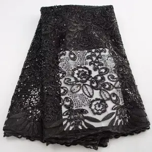 3593 hotselling đen phi lưới thêu ren vải với sequins Chất lượng cao pháp Tulle Ren Vải cho phụ nữ Dresses
