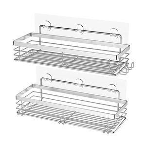 Bathroom Organizer Shelf Kitchen Storage Rack Wall Mounted Adhesive Shower Caddy Basket Shelf with 5 Hooks