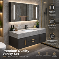 Ensemble de meubles de salle de bain de luxe avec lavabo intégré, miroir carré intelligent mural, finition marbre/quartzite