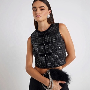 Gilet décontracté en laine courte pour femme - Haut en velours à nœud en tweed, lourdement orné de paillettes, col en V, imprimé en relief, mignon et exquis - Product Image 1