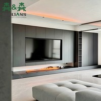 Meuble mural multimédia de luxe en graphite avec foyer électrique linéaire, rangement dissimulé et bande LED au plafond pour villa moderne
