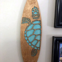 Décoration murale en bois sur le thème de la plage tropicale, planche de surf gravée au laser avec tortue marine, ananas et hibiscus, décoration intérieure